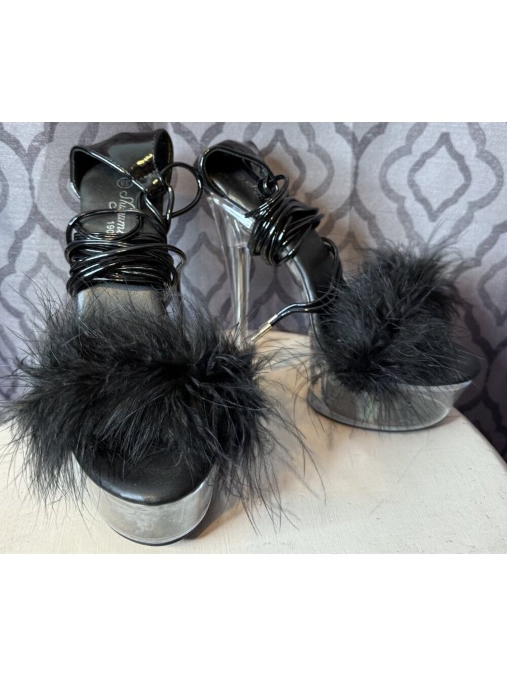 Black Feather Clear Platform Heels Size US 7 38 shuzumiao 190 Shoes Lace Up